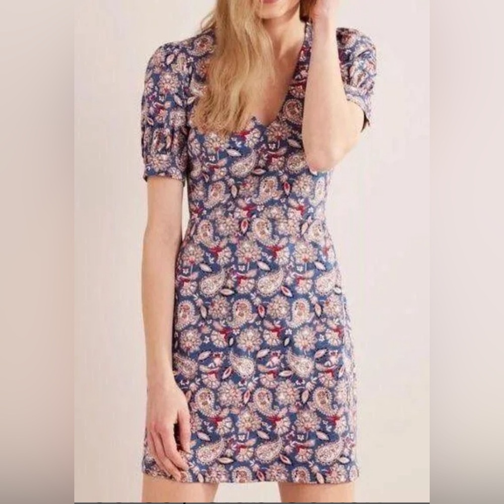Boden V-Neck Jersey Slub Cotton Paisley Floral Print Mini Tea Dress size 8L